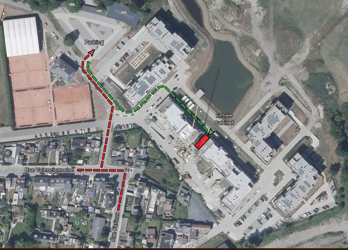 Plan d'accès — parking et entrée du cabinet MOPI, Mons